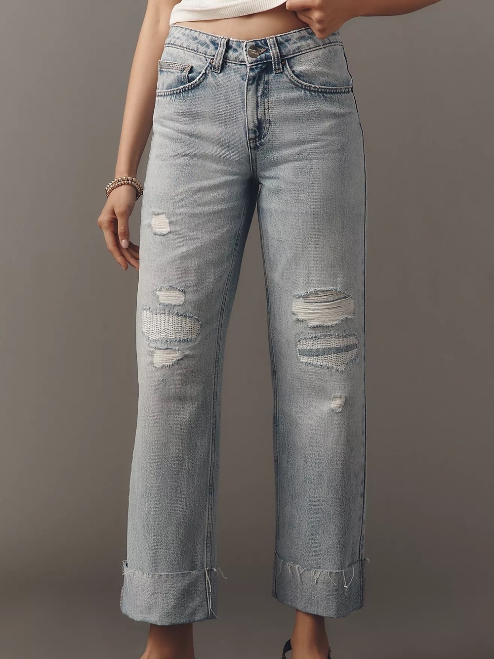 Seventy + mochi Anthropologie Low-Rise Straight-Leg cuffed distress Jeans sz 25